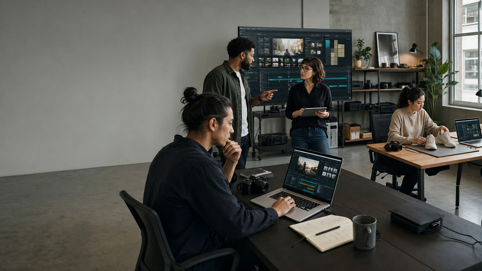 Four creative professionals collaborate in a shared production studio around laptops, product media, and a large editing display.