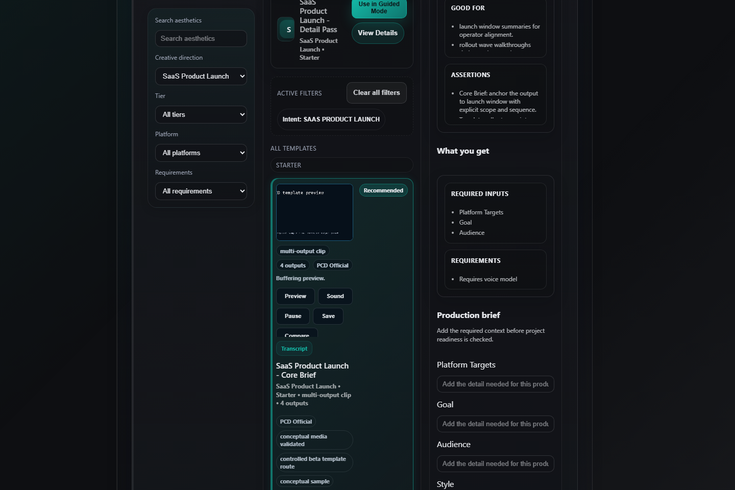 PCD Template Studio showing real catalog cards, filters, template detail, and preview controls.